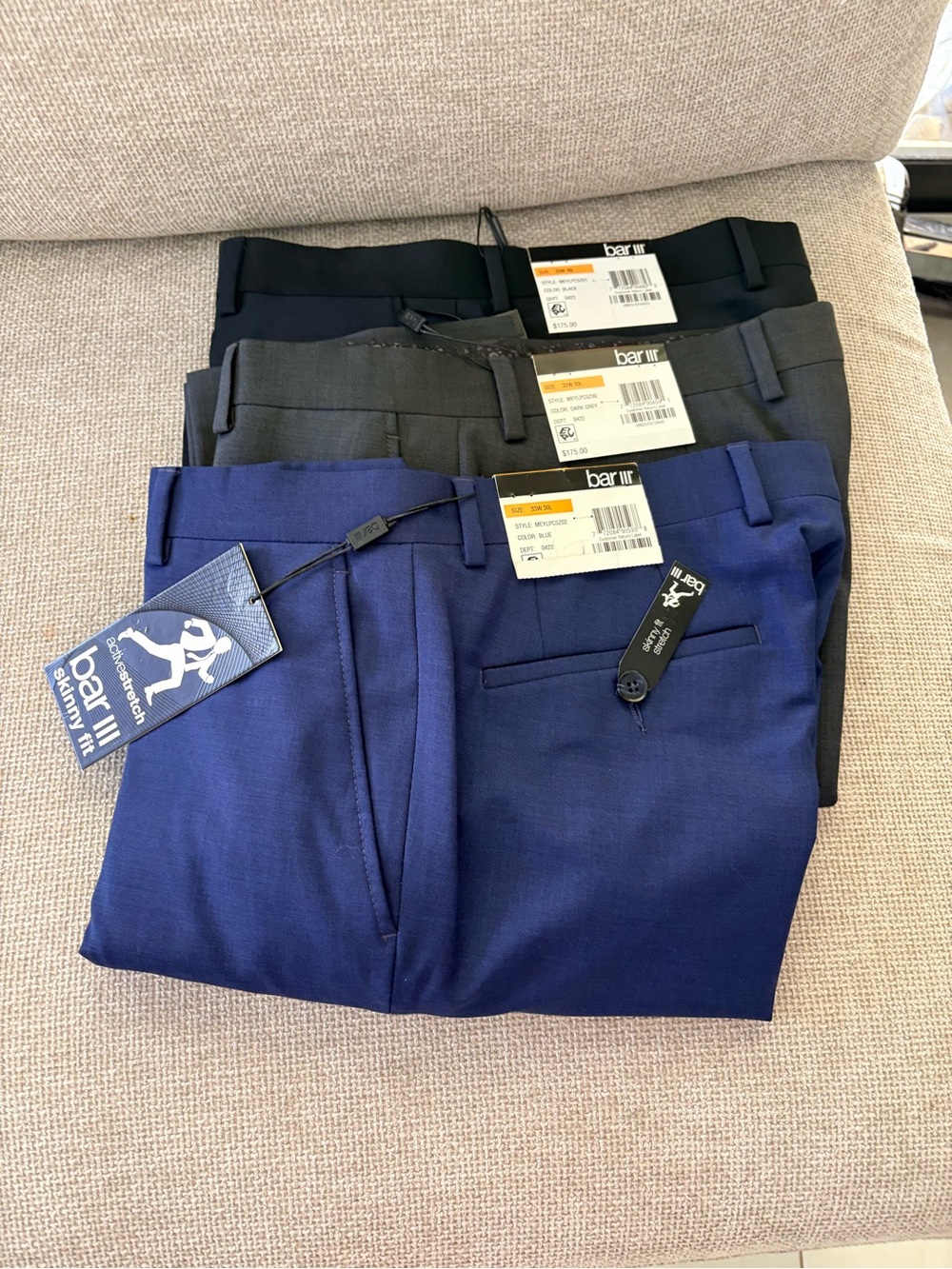 Bar III Men's Dress Pants Trio in Navy, Charcoal, and Black